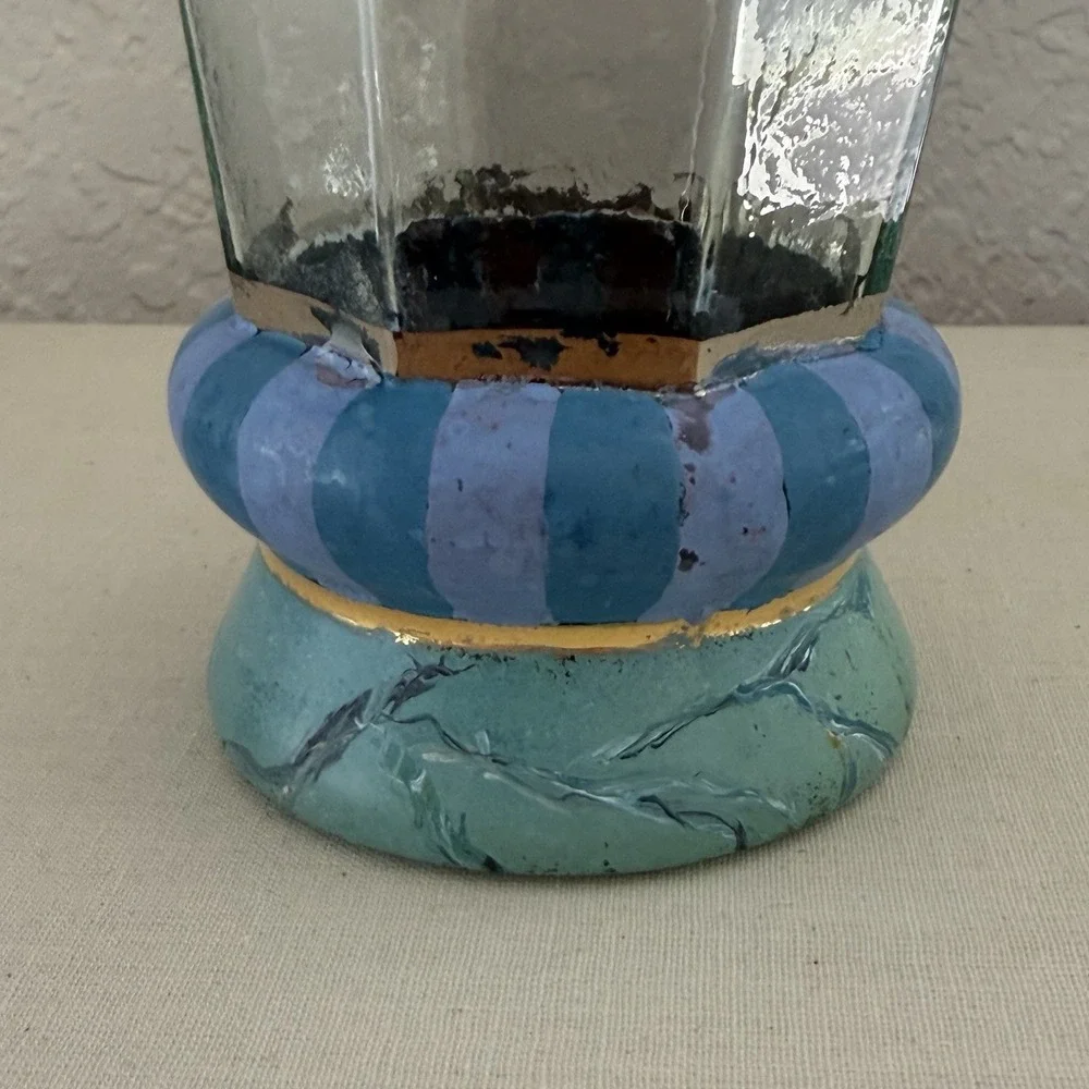Vtg 80s 90s Mackenzie Childs Glass Cups Circus Purple Stripe Marble Octagon